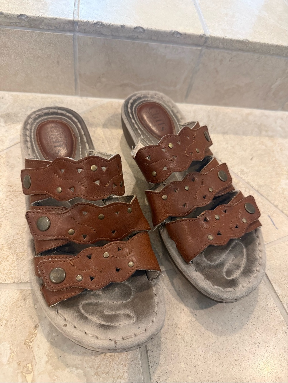 Cliffs by WHITE MOUNTAIN Women's Brown Triple-Strap Stud Slide Sandals